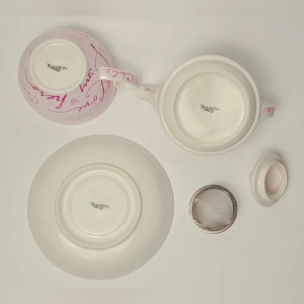 Tea For One Teapot Cup Saucer Set Pink Script Romantic Gift Set